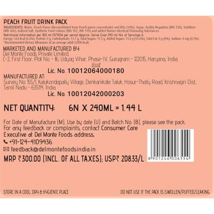 Del Monte Peach Fruit Drink Gift Pack, Pack of 6, 240ml