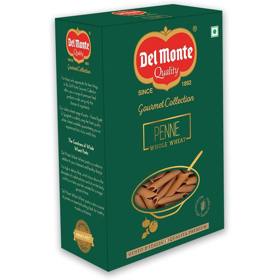 Del Monte Penne Rigate Pasta | 100% Whole Wheat | High Protein, Cholesterol Free, 0% Trans Fats, 500 Gram