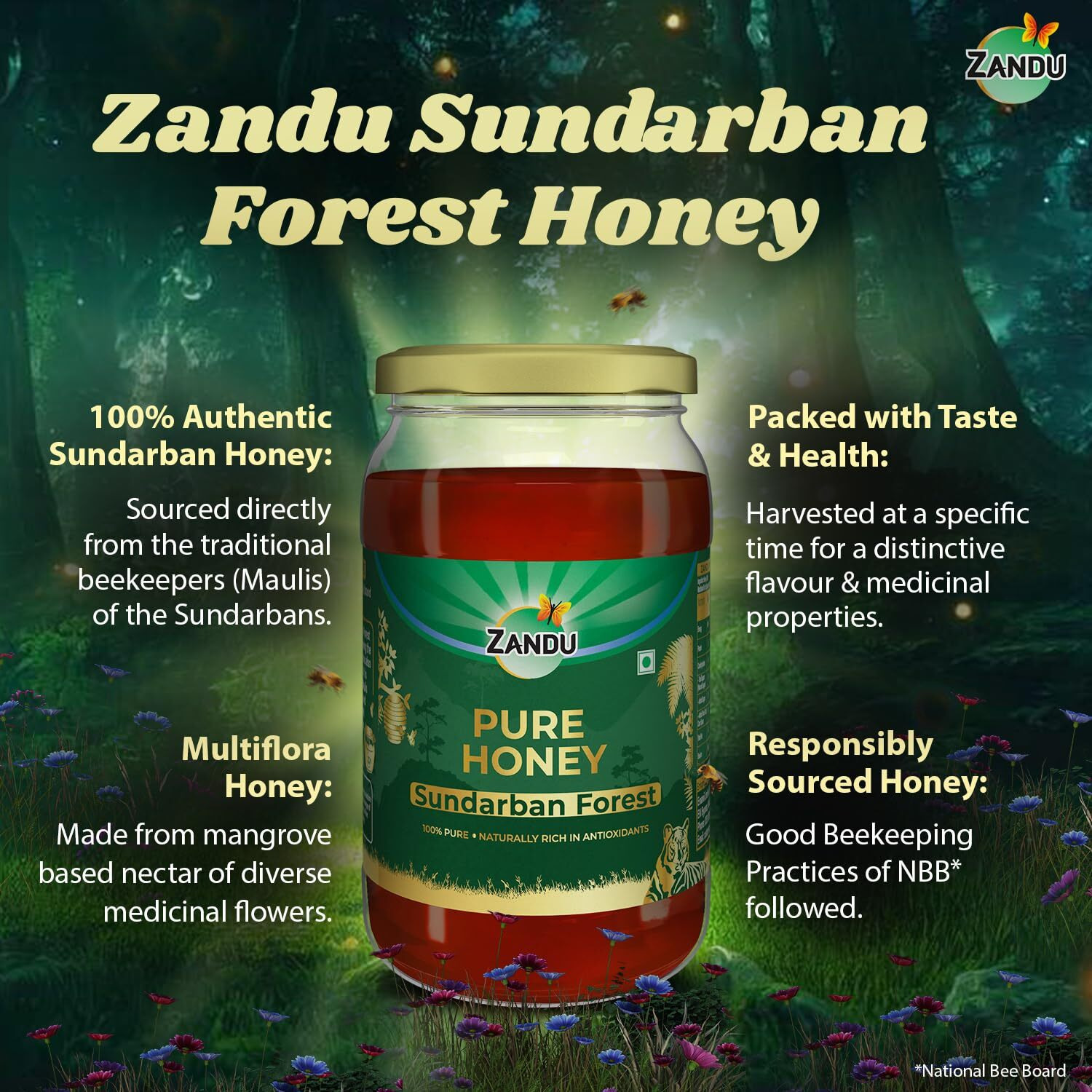 Zandu Pure Honey Sundarban Forest, Natural Honey from the Largest Mangrove Forest, Multi Flora & Medicinal Properties, Comes without Added Sugar & Preservatives, 100% Natural, Glass Jar, 500g