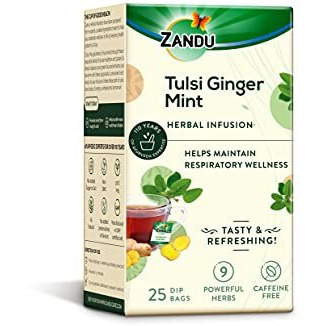Zandu Tulsi Ginger Mint Herbal Infusion, a Herbal Tea Enriched with Ayurvedic Ingredients (25 Tea Bags)