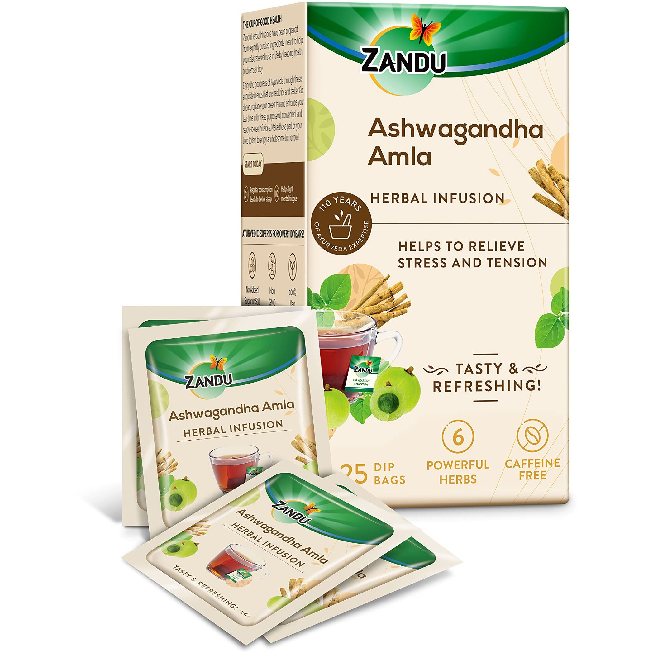 Zandu Ashwagandha Amla Ayurvedic Infusion, a Herbal Tea Enriched with 6 Ayurvedic Ingredients (25 Tea Bags)