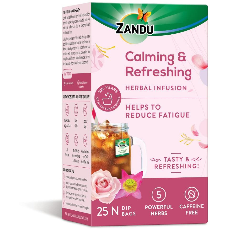 Zandu Calming & Refreshing Herbal Infusion 1st Ayurvedic Iced Herbal Tea With Taste & Health Benefits | Reduces Fatigue, Improves Skin Health & Promotes Digestion (25 Tea bags)