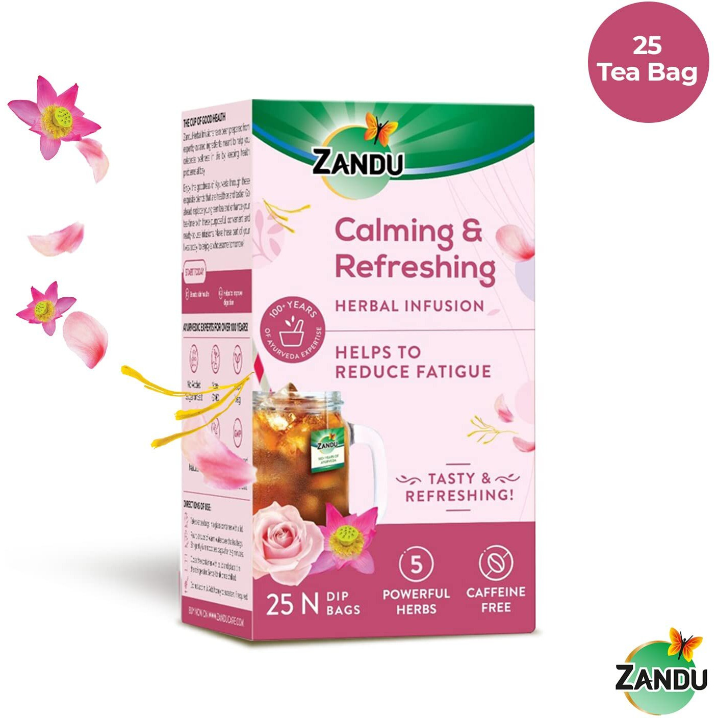 Zandu Calming & Refreshing Herbal Infusion 1st Ayurvedic Iced Herbal Tea With Taste & Health Benefits | Reduces Fatigue, Improves Skin Health & Promotes Digestion (25 Tea bags)