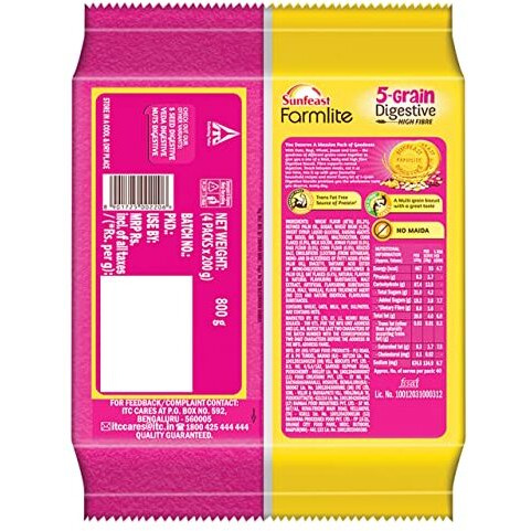Sunfeast Farmlite 5 Grain Digestive Biscuit, High Fibre Biscuit, Goodness of 5 Grains, 800 g Pack