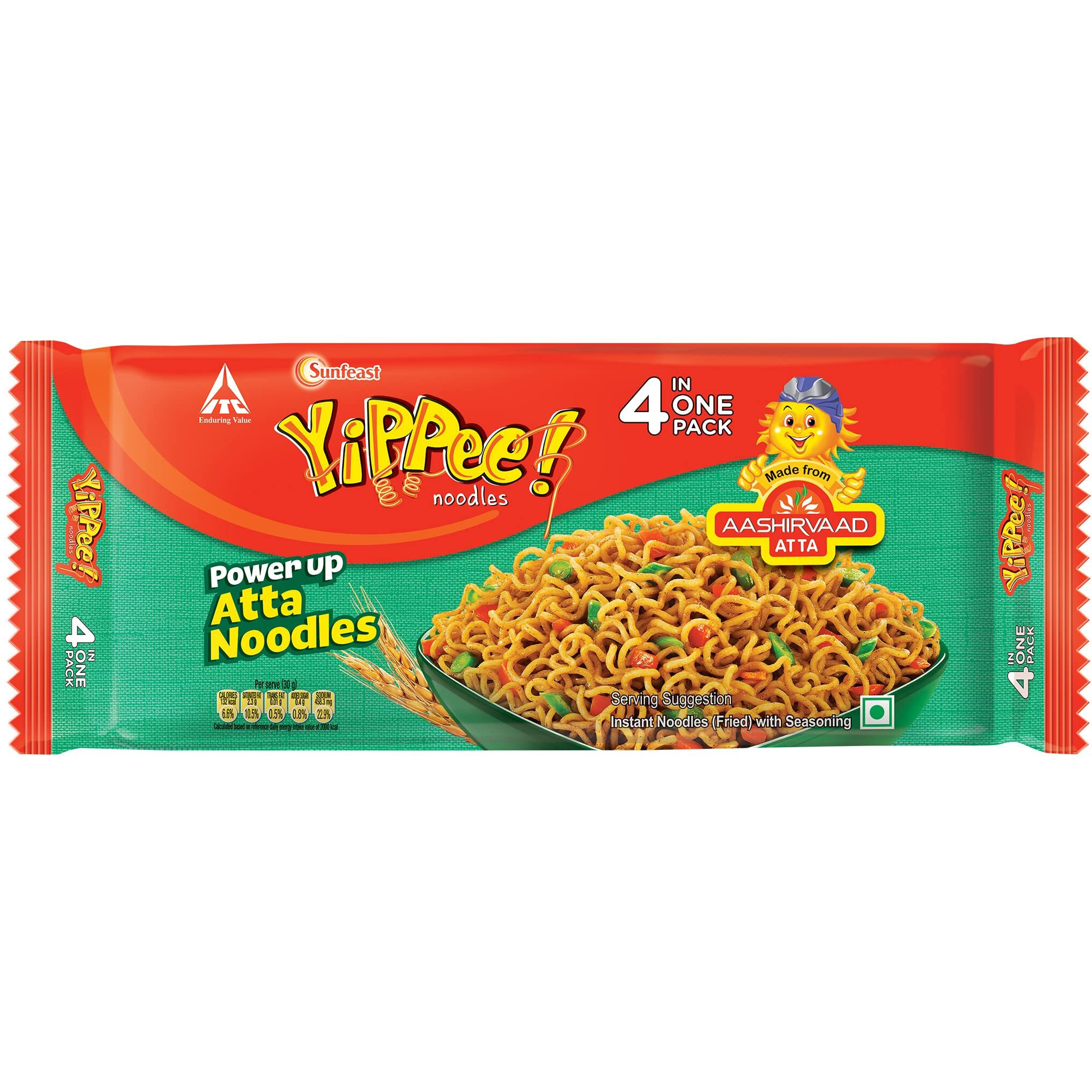 Sunfeast Yippee Power Up Atta Noodles, Instant Noodles, No Artificial Flavours(Pack Of 4), 280 grams