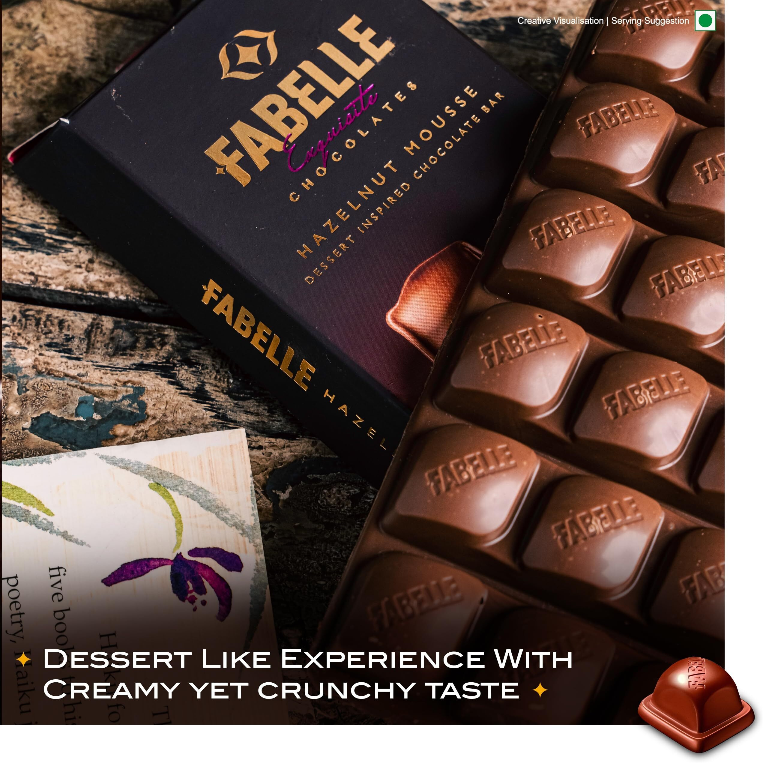 Fabelle Hazelnut Mousse, Centre Filled Luxury Chocolate Bar with Hazelnut Cocoa Mousse and Roasted Turkish Hazelnut Bits, 128 g
