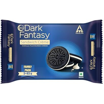 Sunfeast Dark Fantasy Vanilla Crme, 249g, Dark Crunchy Biscuit with Smooth Vanilla Crme
