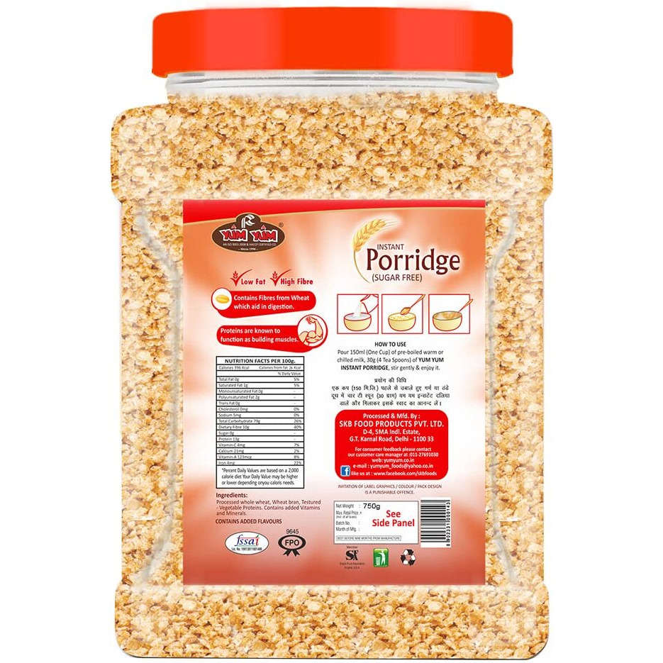 YUM YUM High Fiber Instant Roasted Porridge Sugar Free with Proteins & Vitamins  750 gm Nutritious Breakfast Cereals, (Daliya/Dalia)