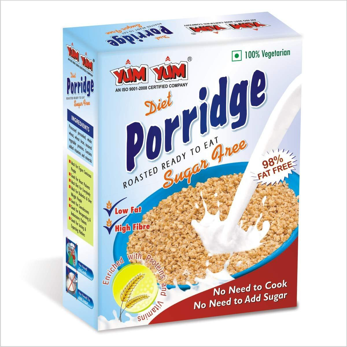 YUM YUM High Fiber Instant Roasted Porridge Sugar Free with Proteins & Vitamins  400gm (Pack of 2-200g Each) Nutritious Breakfast Cereals, (Daliya/Dalia)