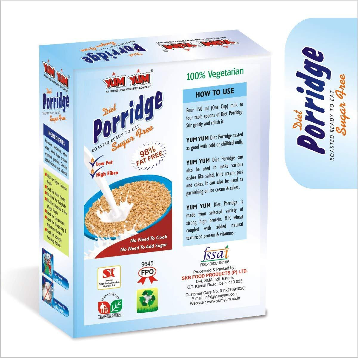 YUM YUM High Fiber Instant Roasted Porridge Sugar Free with Proteins & Vitamins  400gm (Pack of 2-200g Each) Nutritious Breakfast Cereals, (Daliya/Dalia)