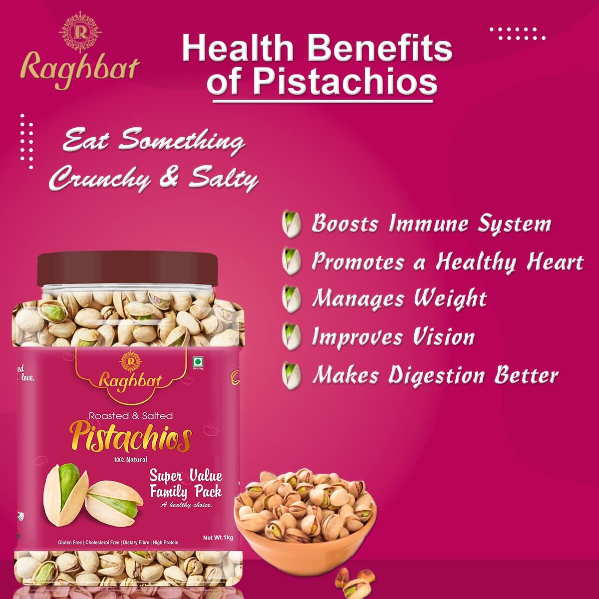 Raghbat Premium California Roasted & Salted Jumbo Size Pistachios Nut 1kg Family Value Pack | Pista Dry Fruit | Super Crunchy & Delicious Healthy Nuts | Gluten Free & Low-Calorie