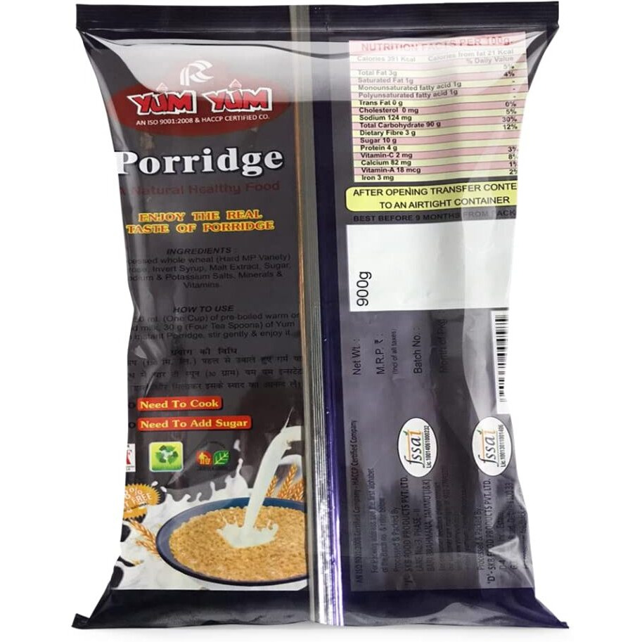 YUM YUM High Fiber Instant Roasted Porridge Honey Flavor with Proteins & Vitamins  900g (Pack Of 1) Nutritious Breakfast Cereals, (Daliya/Dalia)
