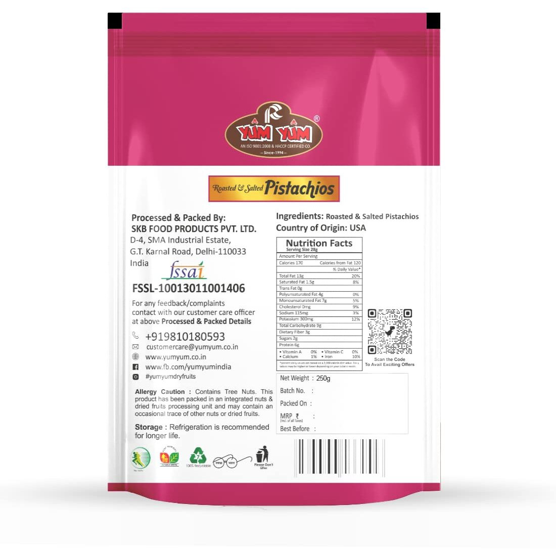 YUM YUM California Roasted & Salted Inshell Pistachios 250g| Salted Pista | Crunchy & Healthy | Healthy Snacks | Dry Fruits & Nuts | Rich in Vitamin & Minerals | Withshell Pistachio