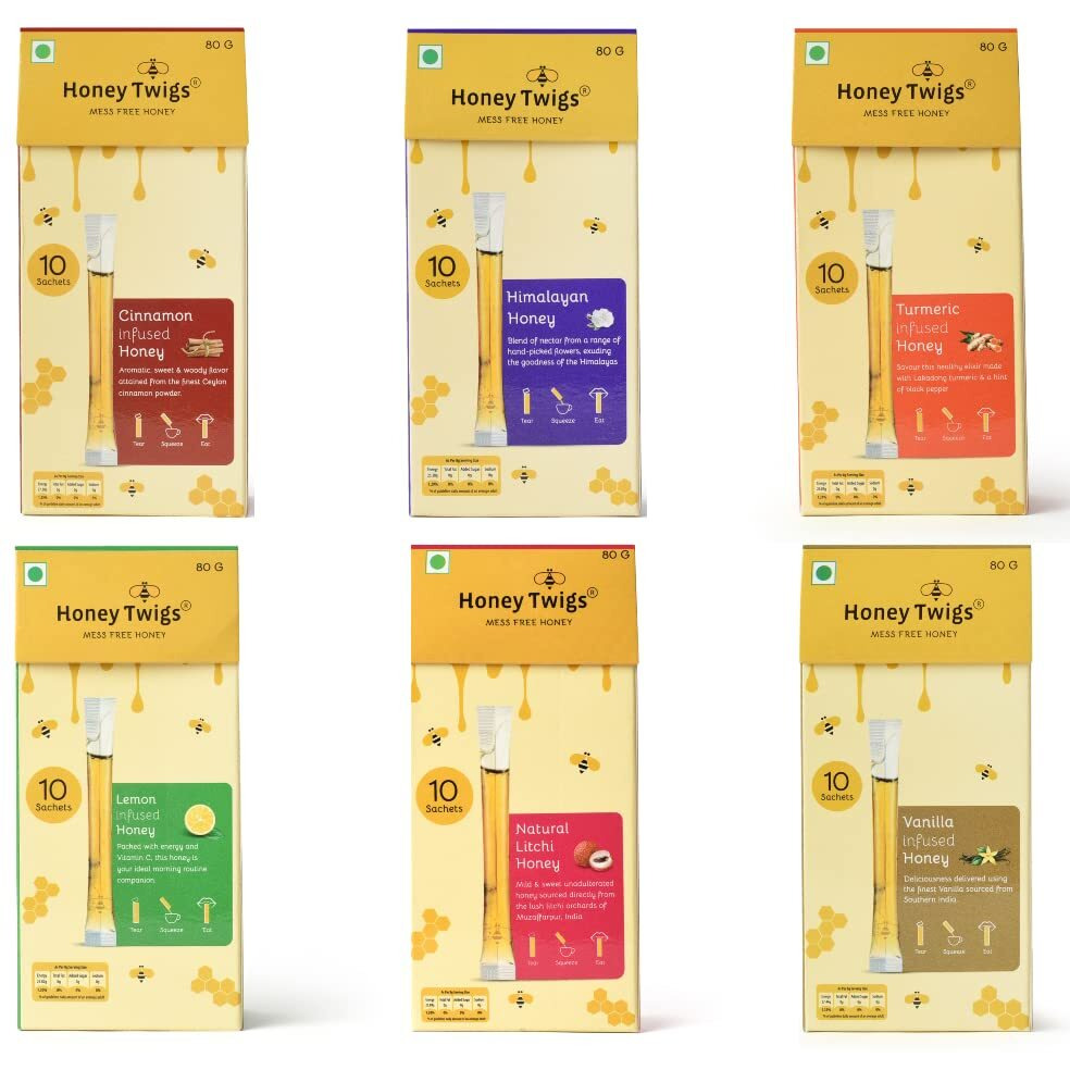 Honey Twigs Natural Pure Honey,Himalayan Multi Floral Honey,Litchi Honey,Cinnamon Honey,Lemon Honey,Turmeric Honey & Vanilla Honey Combo,480G (80G X 6 Packs-60 Sachets)|100% Traceable Source