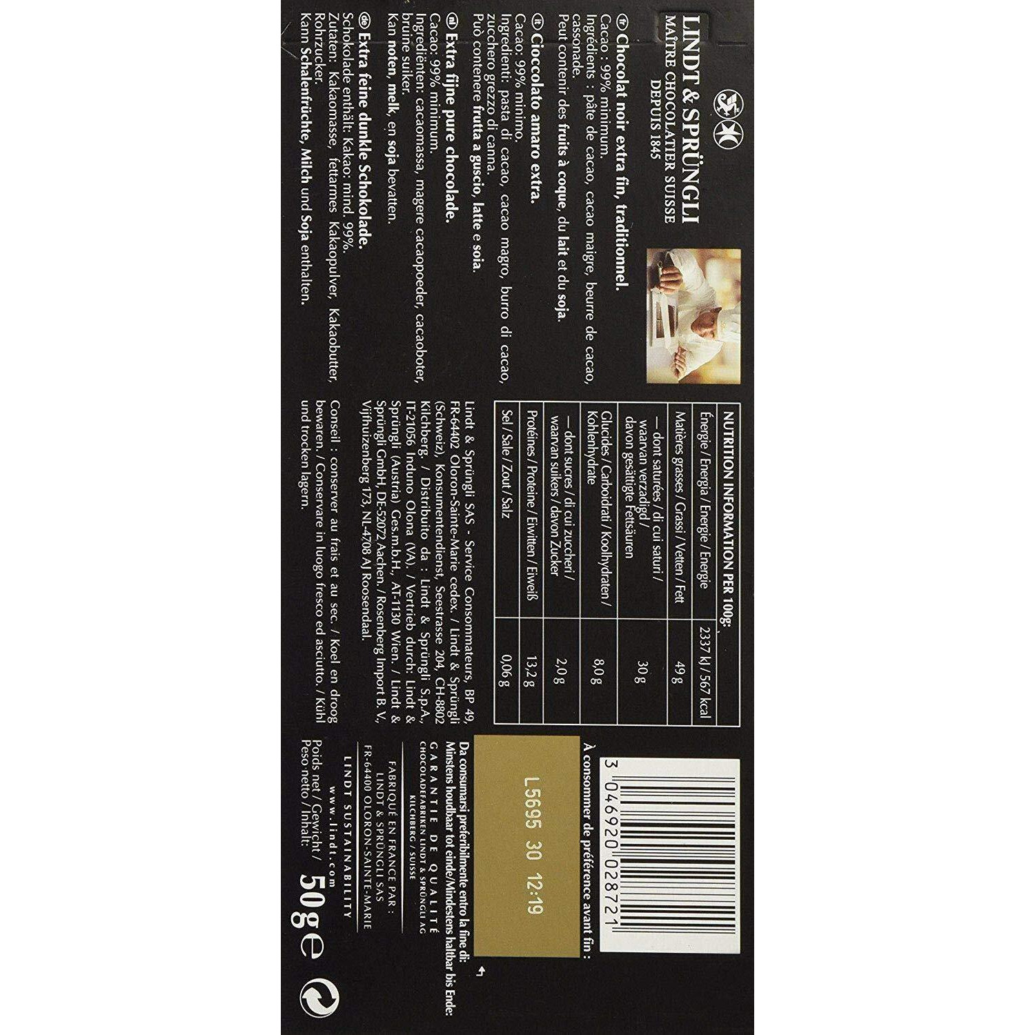 Lindt Excellence Cocoa Bar (99%) - 50 Gm
