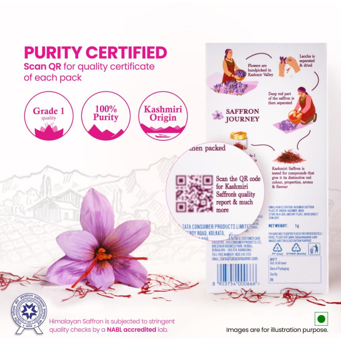 Himalayan Elevation Original Kashmiri Saffron/Kesar, 1 Gram, A TATA product, Certified Grade-1 Pure Kashmiri Kesar, Food & Pooja