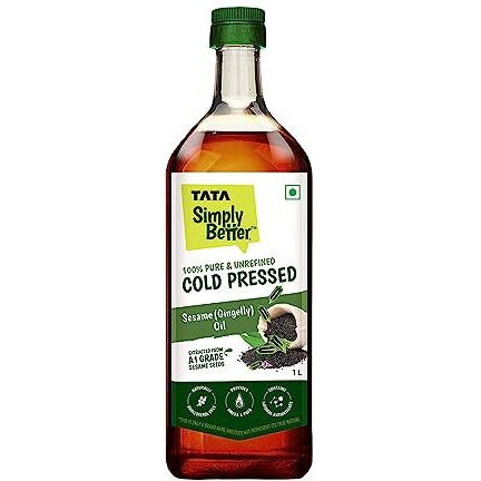 Tata Simply Better Pure and Unrefined Cold Pressed Sesame (Gingelly) Oil, Kolhu/Kacchi Ghani/Mara Chekku/Ganuga, Naturally Cholesterol Free, 1L, Sesame Oil with Rich Aroma & Flavour of Real Sesame Seeds, For Daily Cooking with Multipurpose Usage, A1 Grade Sesame Seeds, Purity in Every Drop