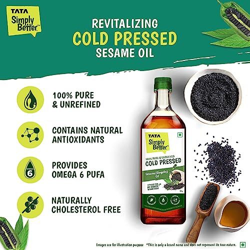 Tata Simply Better Pure and Unrefined Cold Pressed Sesame (Gingelly) Oil, Kolhu/Kacchi Ghani/Mara Chekku/Ganuga, Naturally Cholesterol Free, 1L, Sesame Oil with Rich Aroma & Flavour of Real Sesame Seeds, For Daily Cooking with Multipurpose Usage, A1 Grade Sesame Seeds, Purity in Every Drop