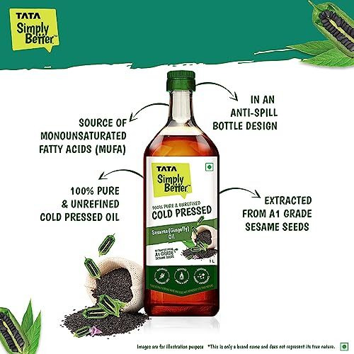 Tata Simply Better Pure and Unrefined Cold Pressed Sesame (Gingelly) Oil, Kolhu/Kacchi Ghani/Mara Chekku/Ganuga, Naturally Cholesterol Free, 1L, Sesame Oil with Rich Aroma & Flavour of Real Sesame Seeds, For Daily Cooking with Multipurpose Usage, A1 Grade Sesame Seeds, Purity in Every Drop
