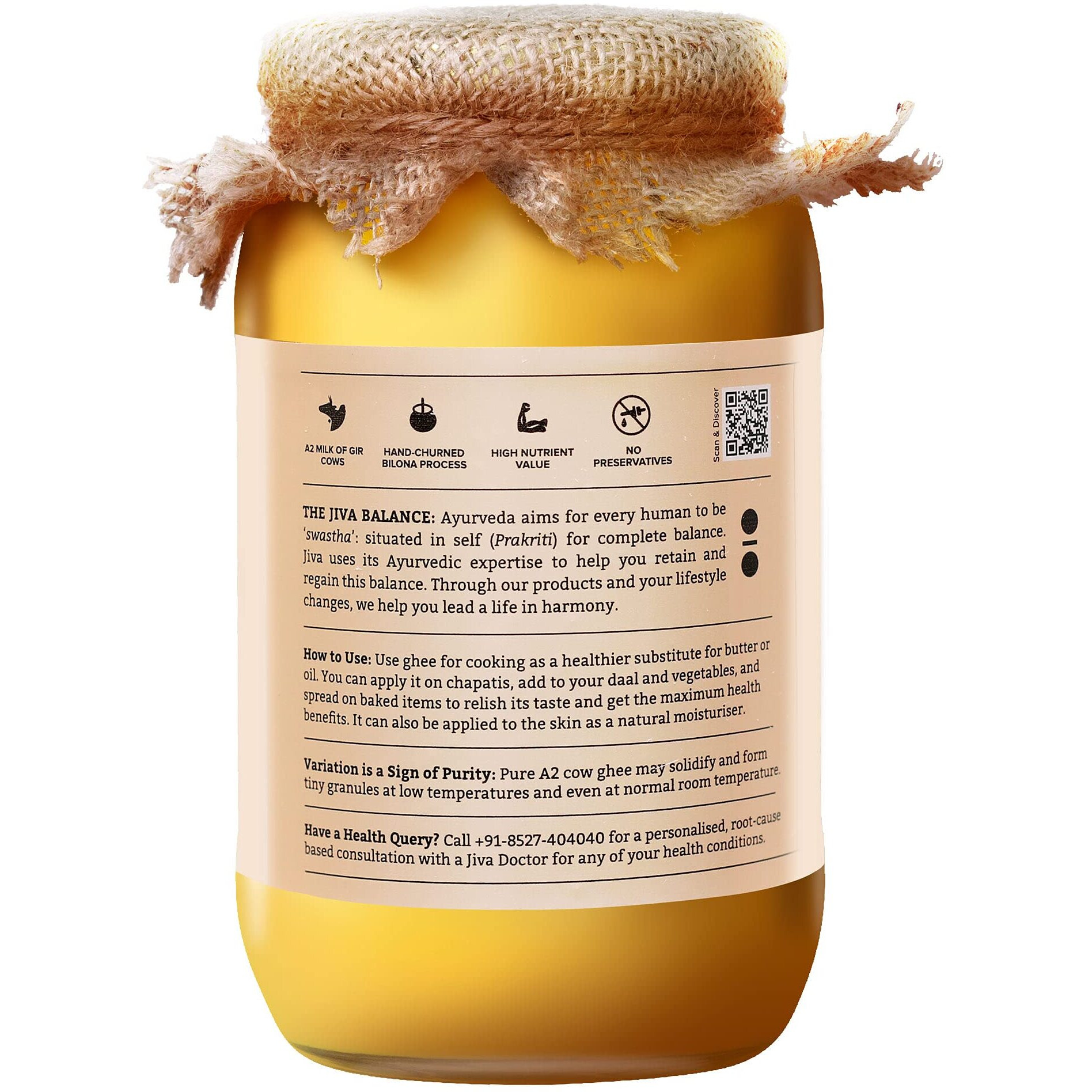 Jiva Gir Desi Cow A2 Ghee 1KG | Made With A2 Milk From Gir Cows Using Bilona Churning Process | Excellent source of OMEGA 3, OMEGA 6, Vitamins B2, B12, B6, C, E & K (Pack Of 1)