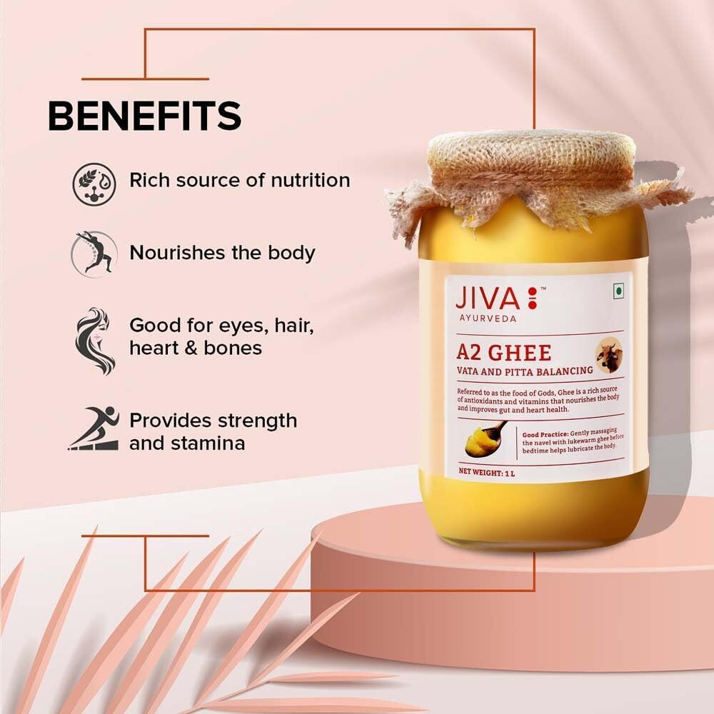 Jiva Gir Desi Cow A2 Ghee 1KG | Made With A2 Milk From Gir Cows Using Bilona Churning Process | Excellent source of OMEGA 3, OMEGA 6, Vitamins B2, B12, B6, C, E & K (Pack Of 1)