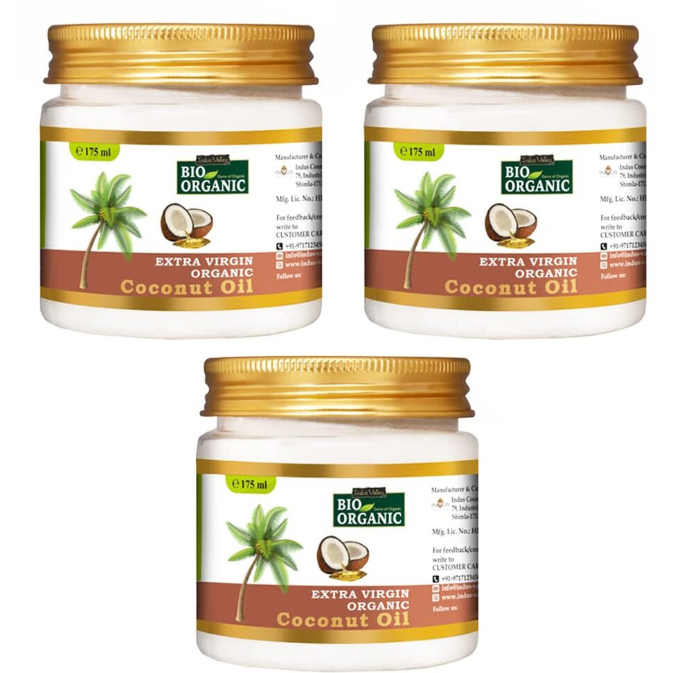 Indus Valley Bio Organic Extra Virgin Organic Coconut Oil Set Of 3 With The Natural Aroma Of Coconut Oil For Hair & Skin Care (175x3525ml)