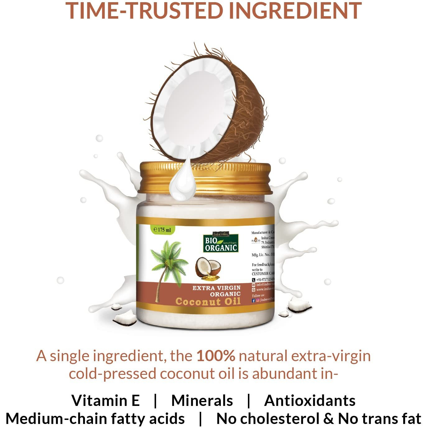 Indus Valley Bio Organic Extra Virgin Organic Coconut Oil Set Of 3 With The Natural Aroma Of Coconut Oil For Hair & Skin Care (175x3525ml)