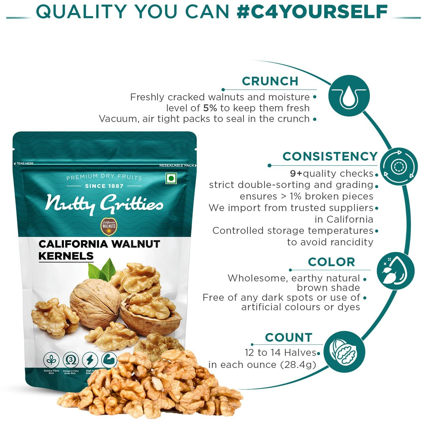 Nutty Gritties Californian Walnut Kernels, 200g