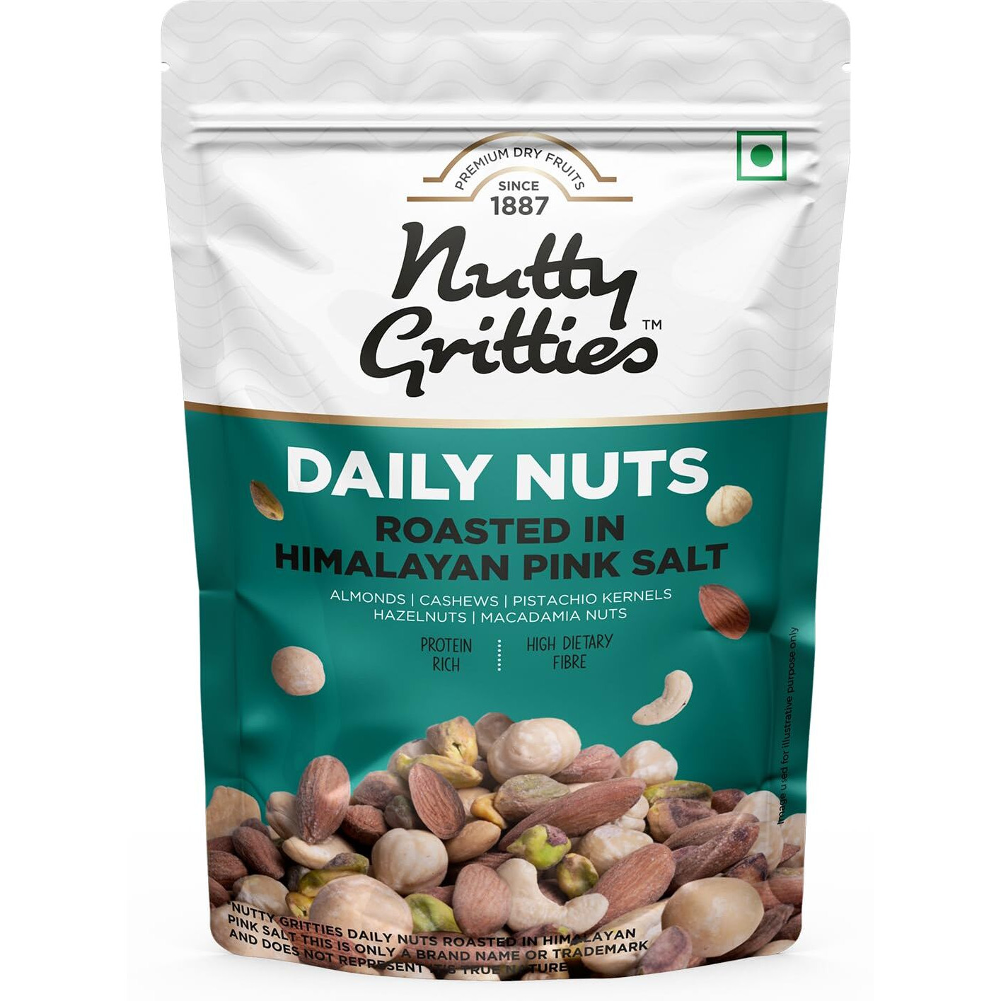 Nutty Gritties Daily Nuts with 5 Exotic Nuts Macadamias, Hazelnuts, Pistachio Kernels, Almonds, Cashews | Dry Roasted with Himalayan Pink Salt | Healthy Snack with Zero Oil, 200g