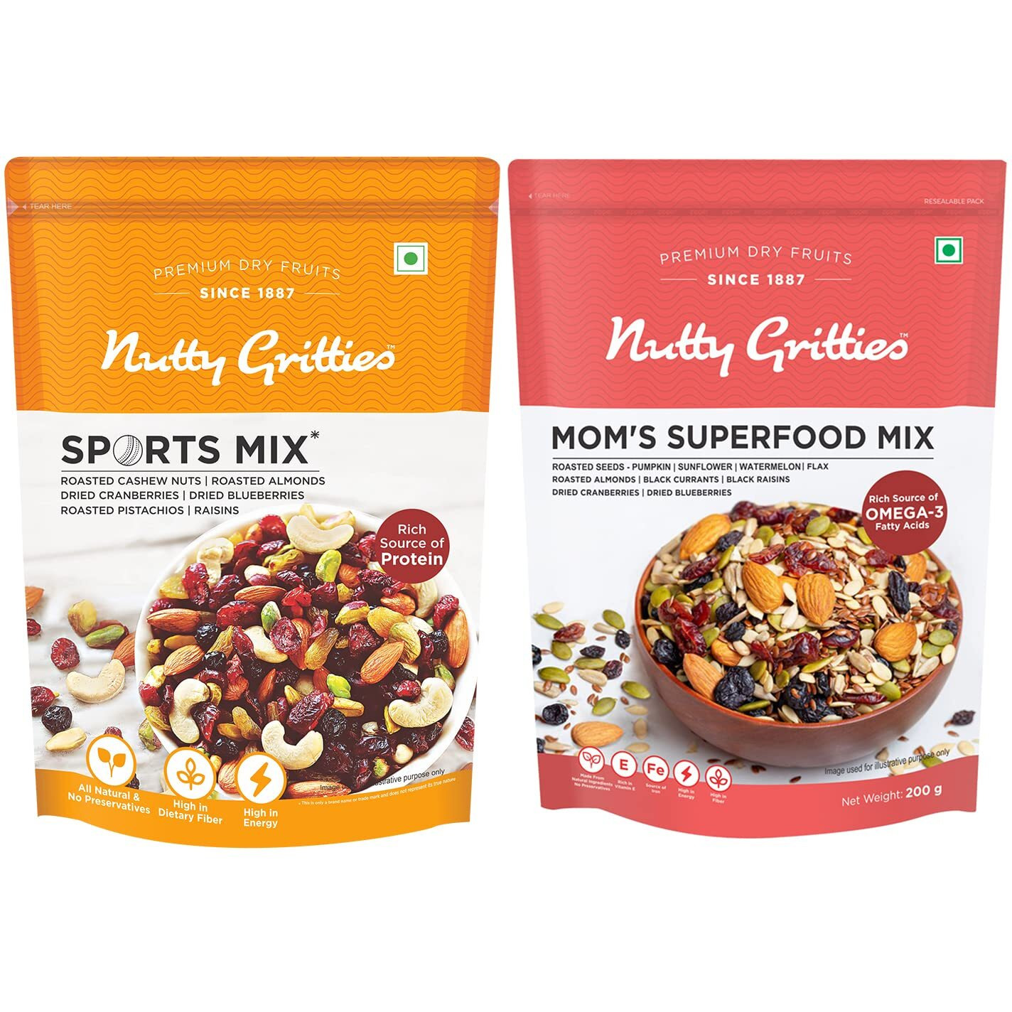 Nutty Gritties Combo Sports Mix Mom Superfood Trail Mix - Mixed Dry Fruits Seeds, 400grams (2 x 200g each), Healthy Snack for Kids and Adults | Resealable Pouch