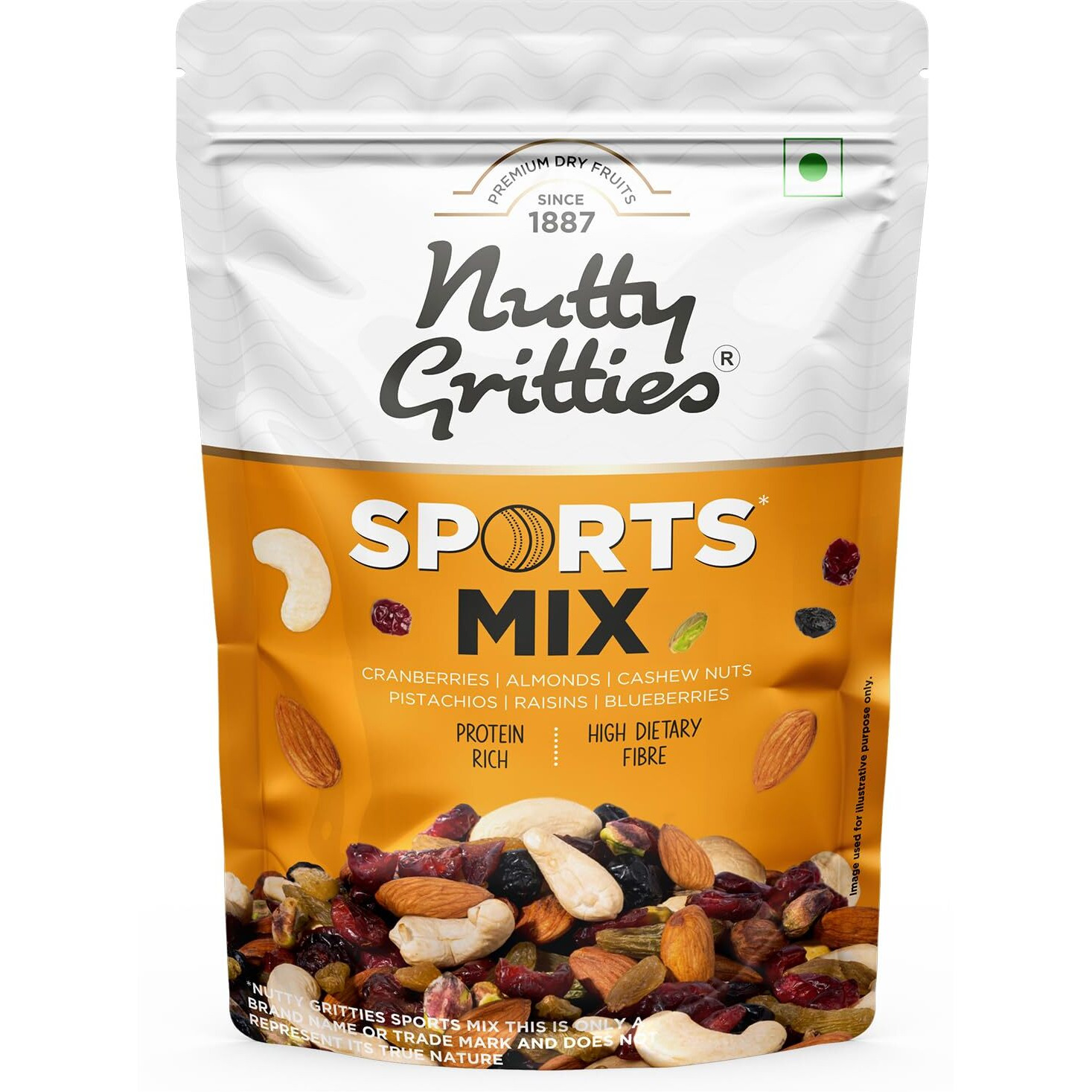 Nutty Gritties Premium Sports Mixed Nuts and Dry Fruit 200g - Roasted Almonds, Cashews, Pistachios, Dried Blueberries, Cranberries and Raisins, Healthy Snack for all | Resealable Pouch