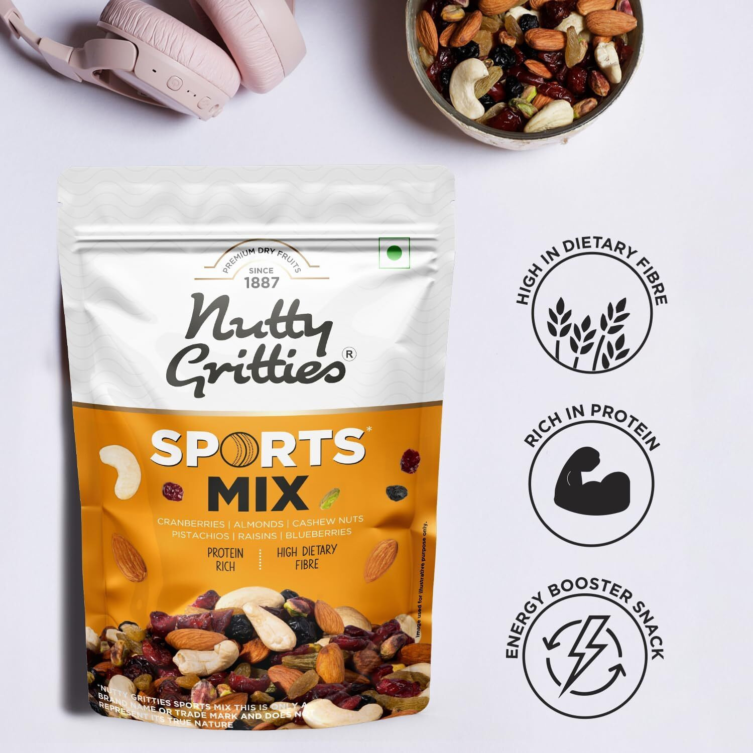 Nutty Gritties Premium Sports Mixed Nuts and Dry Fruit 200g - Roasted Almonds, Cashews, Pistachios, Dried Blueberries, Cranberries and Raisins, Healthy Snack for all | Resealable Pouch