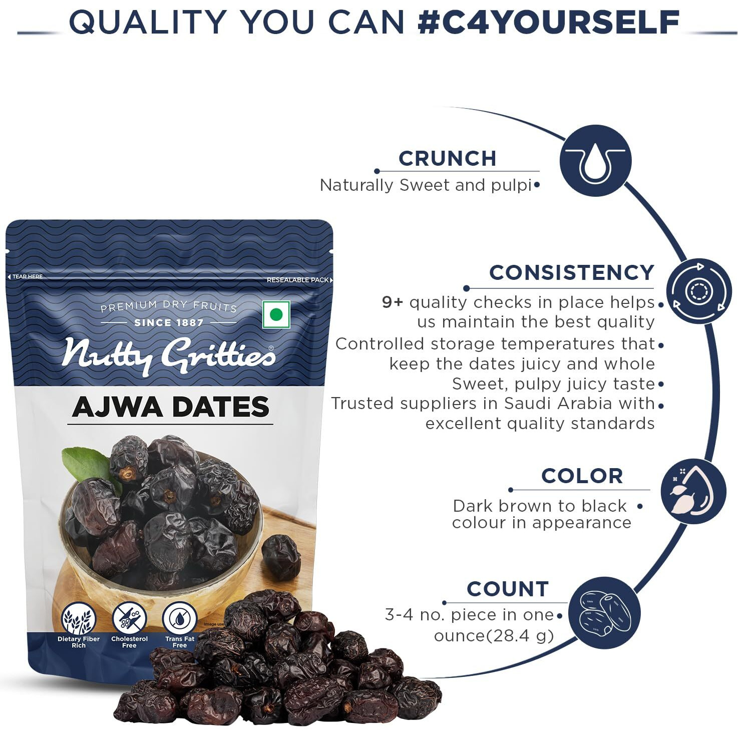 Nutty Gritties Premium Ajwa Dates 350g, Khajur | Khajoor | Juicy & Delicious Khajoor, Khajur | No artificial colours | Naturally Sweet | Instant Energy | Resealable Pouch,