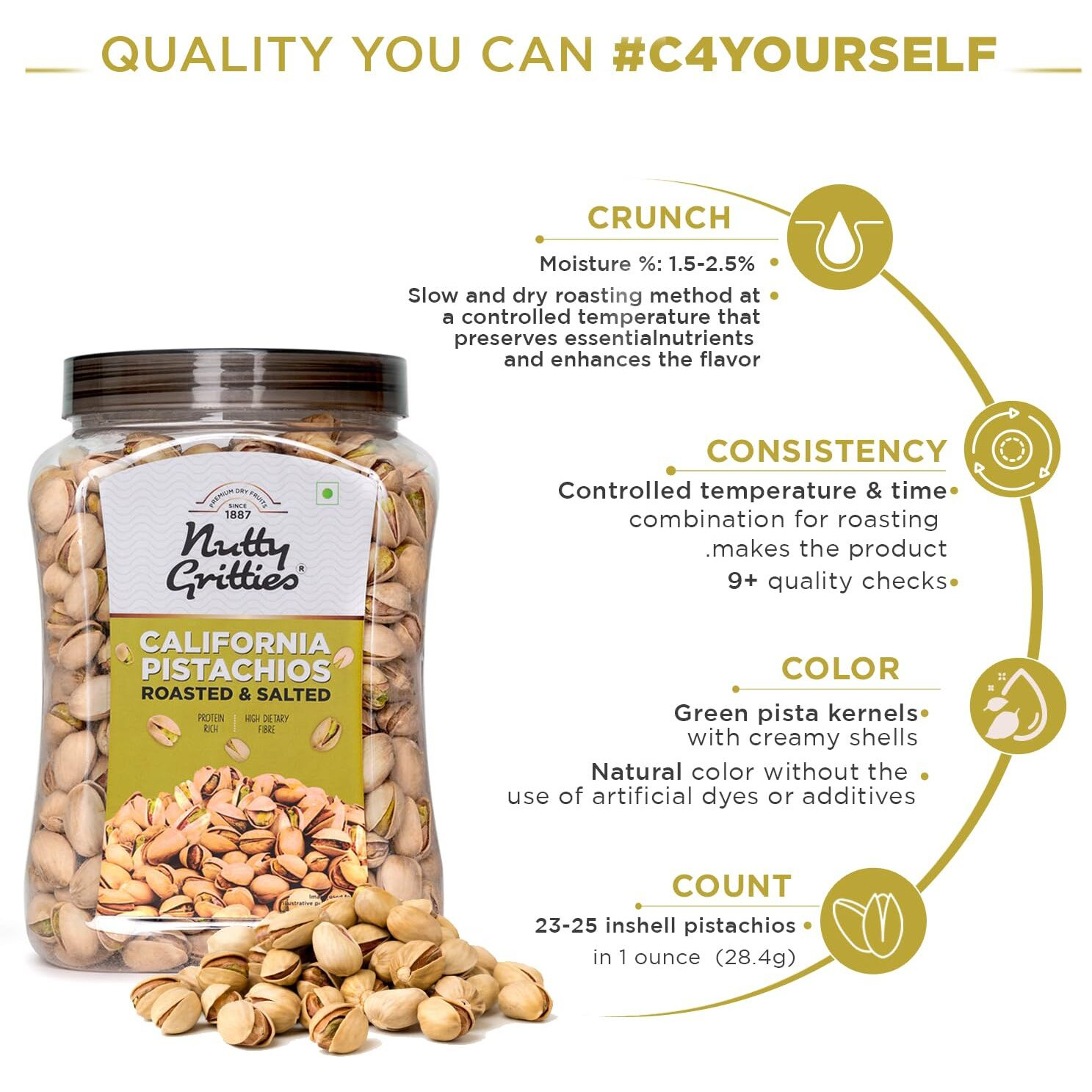 Nutty Gritties California Pistachios 800g, Roasted & Lightly Salted, Resealable Jar