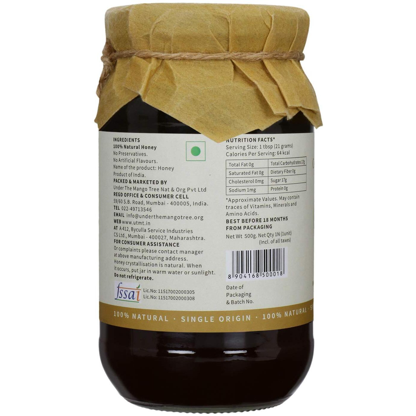UTMT Under the Mango Tree Certified Organic Honey, 500g - 100% Pure, Natural & Ethically Sourced | Raw & unprocessed honey with no preservatives, Single Origin Honey.