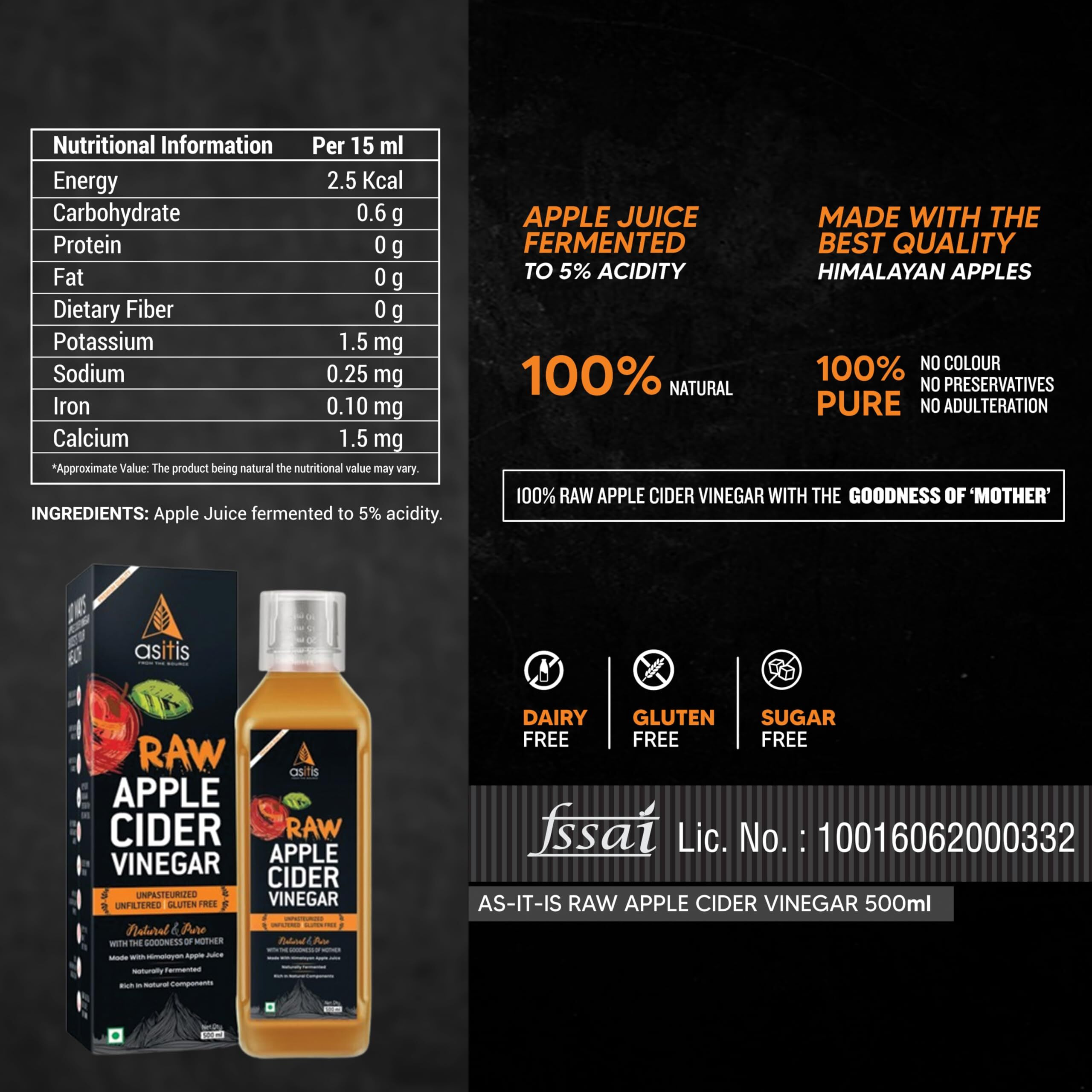 AS-IT-IS Nutrition Raw Apple Cider Vinegar with Mother 500ml- Undiluted & Unfiltered