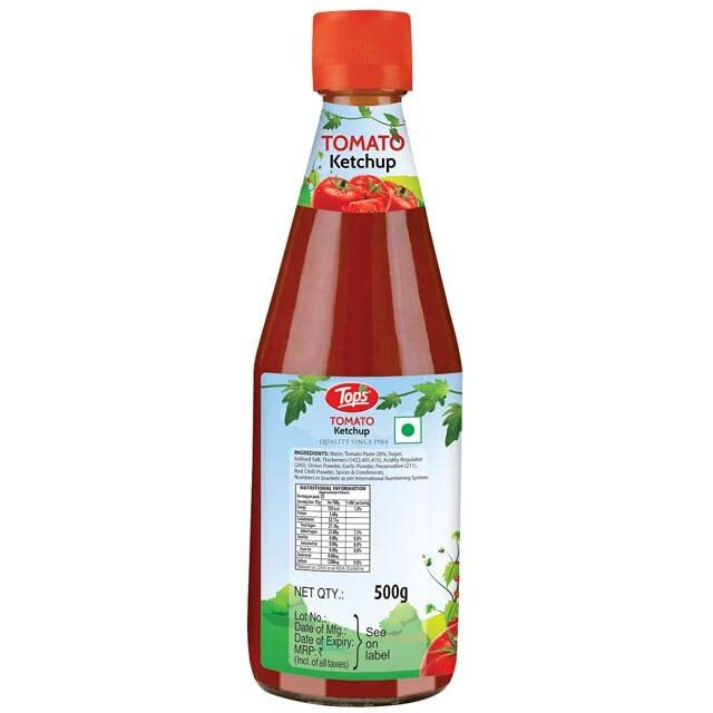 TOPS Tomato Ketchup - 500 gm Glass Bottle |Made with the goodness of juicy hand-picked tomatoes|No Added Colour & Flavour.