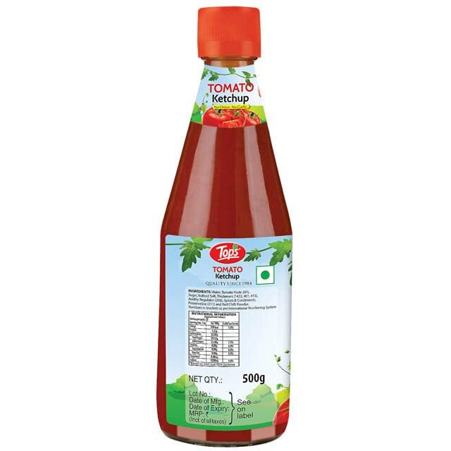 TOPS Tomato Ketchup No Onion No Garlic- 500 gm Glass Bottle|Made with the goodness of juicy hand-picked Tomatoes | No Added Colour & Flavour.