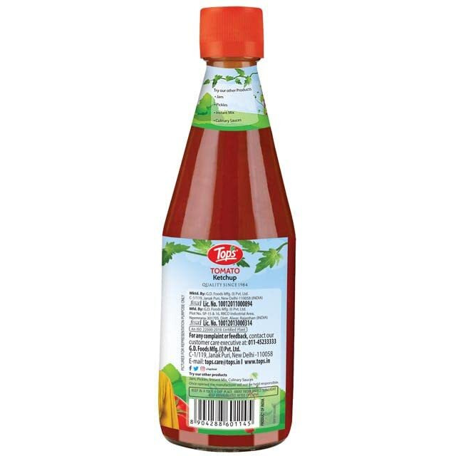TOPS Tomato Ketchup No Onion No Garlic- 500 gm Glass Bottle|Made with the goodness of juicy hand-picked Tomatoes | No Added Colour & Flavour.