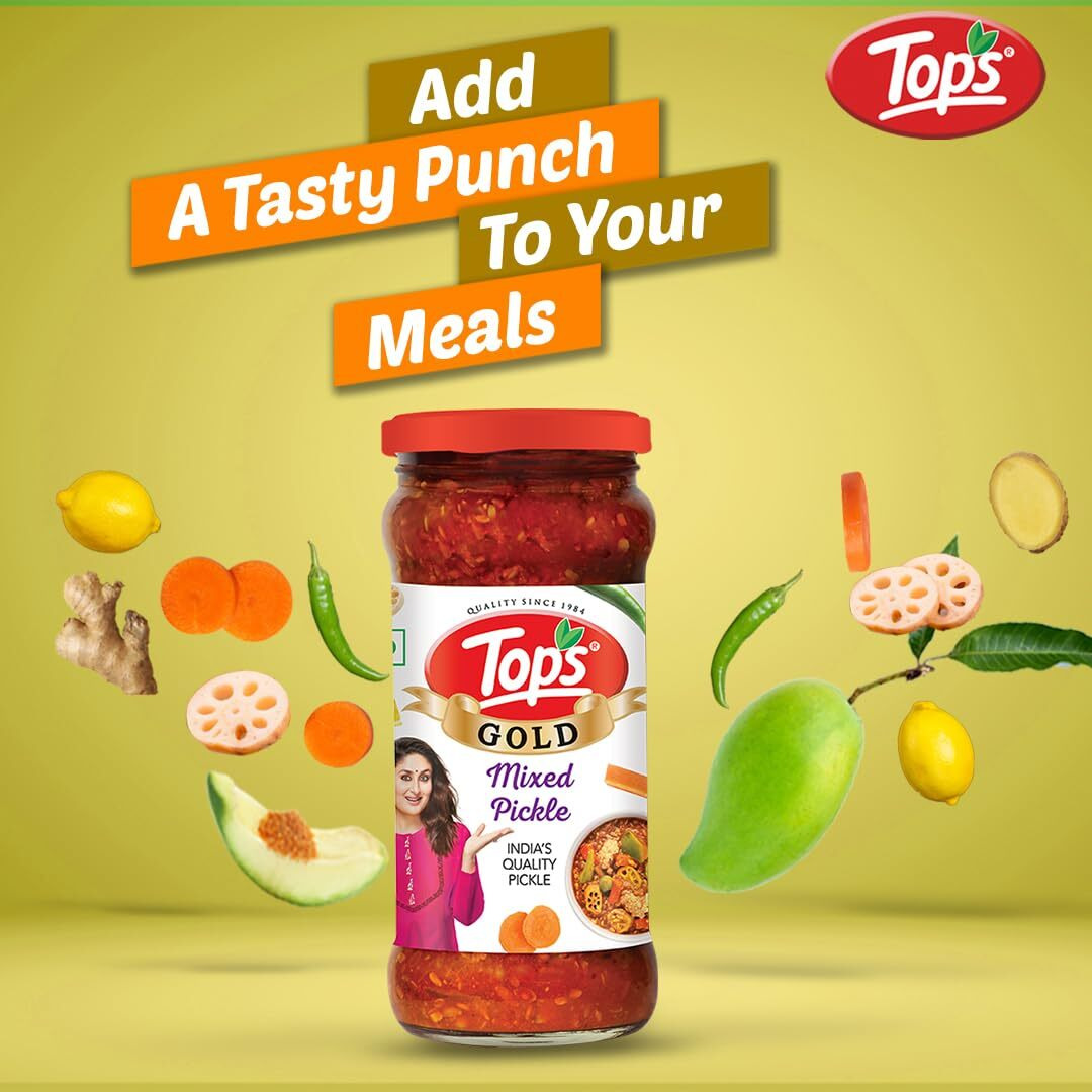 TOPS Gold Mango Pickle - 375 gm Glass Bottle | Prepared with the goodness of Mustard Oil | Handpicked ingredients.
