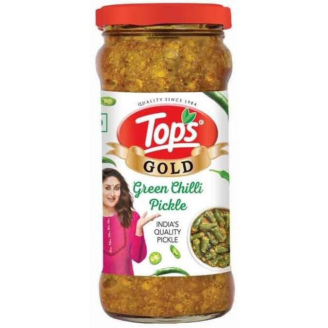 TOPS Pickle Green Chilli -375 gm Glass Bottle|Prepared with the goodness of Mustard Oil | No artificial colours