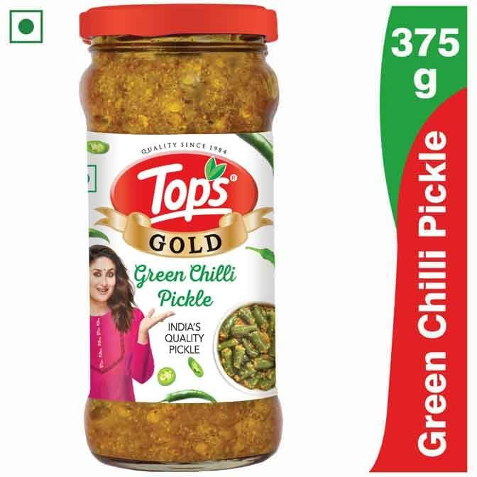 TOPS Pickle Green Chilli -375 gm Glass Bottle|Prepared with the goodness of Mustard Oil | No artificial colours