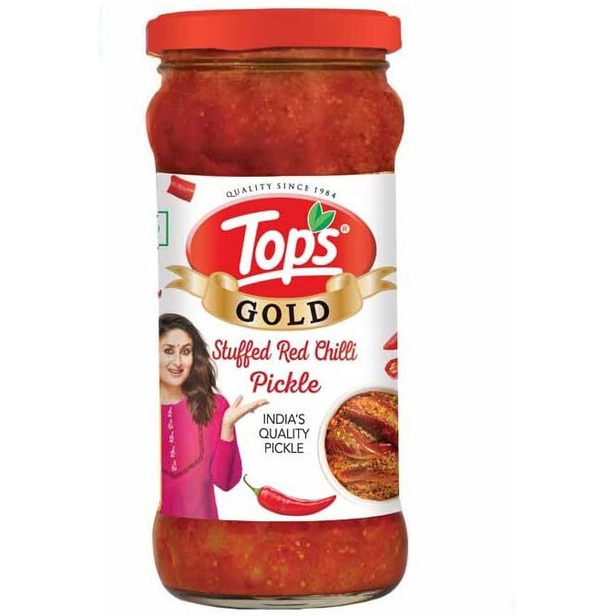 TOPS Gold Stuffed Red Chilli Pickle - 375 gm Glass Bottle| Perfect blend of spicy red chillies blended in mustard oil