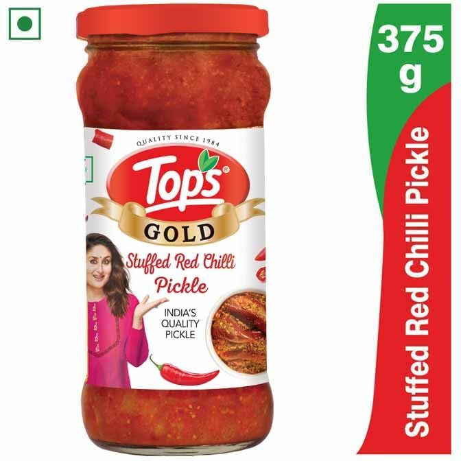 TOPS Gold Stuffed Red Chilli Pickle - 375 gm Glass Bottle| Perfect blend of spicy red chillies blended in mustard oil