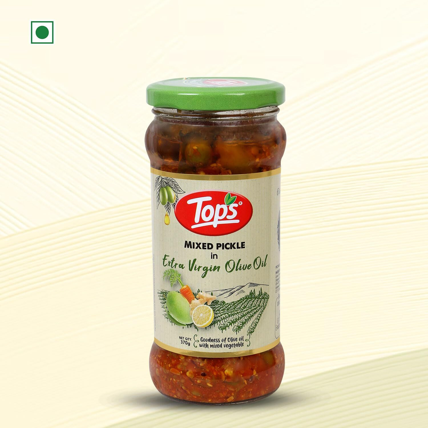 TOPS Olive Oil Mixed Pickle -370 gm Glass Jar | Perfect blend of nine select seasonal vegetables in extra virgin olive oil and aromatic spices
