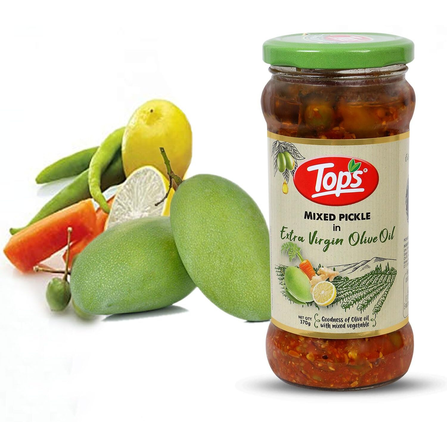 TOPS Olive Oil Mixed Pickle -370 gm Glass Jar | Perfect blend of nine select seasonal vegetables in extra virgin olive oil and aromatic spices