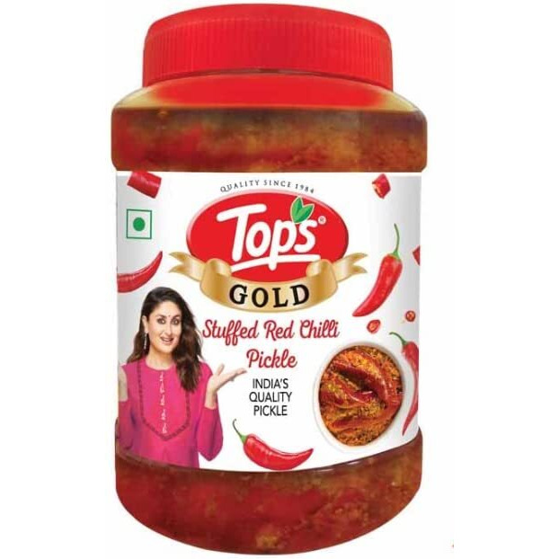 TOPS Gold Pickle Stuffed Red Chilli - 900 gm | Perfect blend of spicy red chillies blended in mustard oil