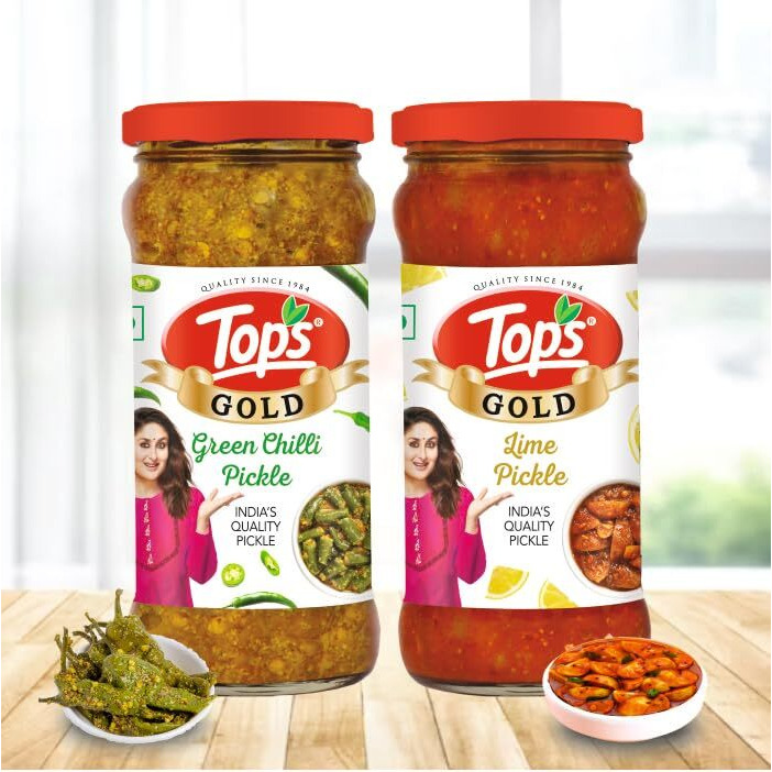 TOPS Gold Pickle Lime 375 gm + Gold Pickle Green Chilli 375 gm (Combo) | Prepared with the goodness of Mustard Oil