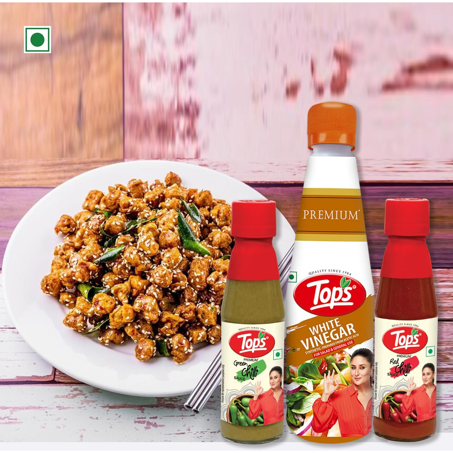 TOPS Red Chilli Sauce 200 gm + Green Chilli Sauce 200 gm + Vinegar White - 610 ml (Combo Pack of 3)