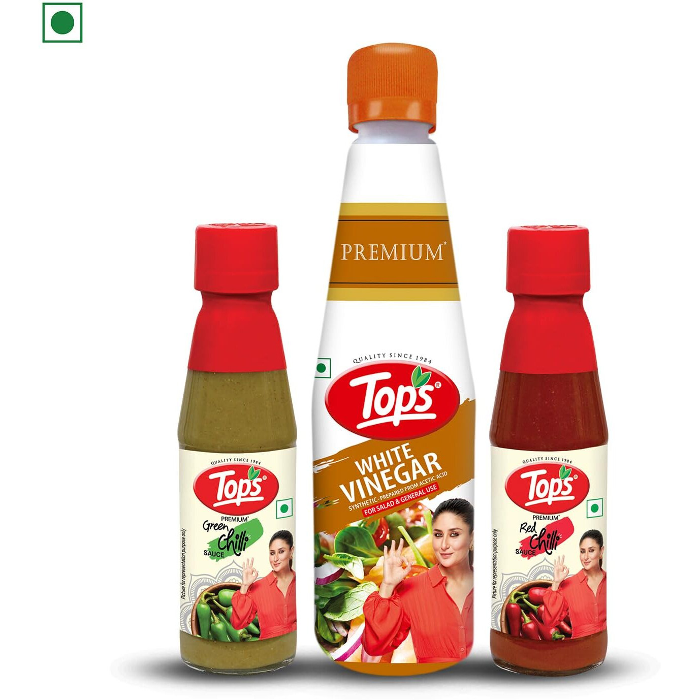 TOPS Red Chilli Sauce 200 gm + Green Chilli Sauce 200 gm + Vinegar White - 610 ml (Combo Pack of 3)